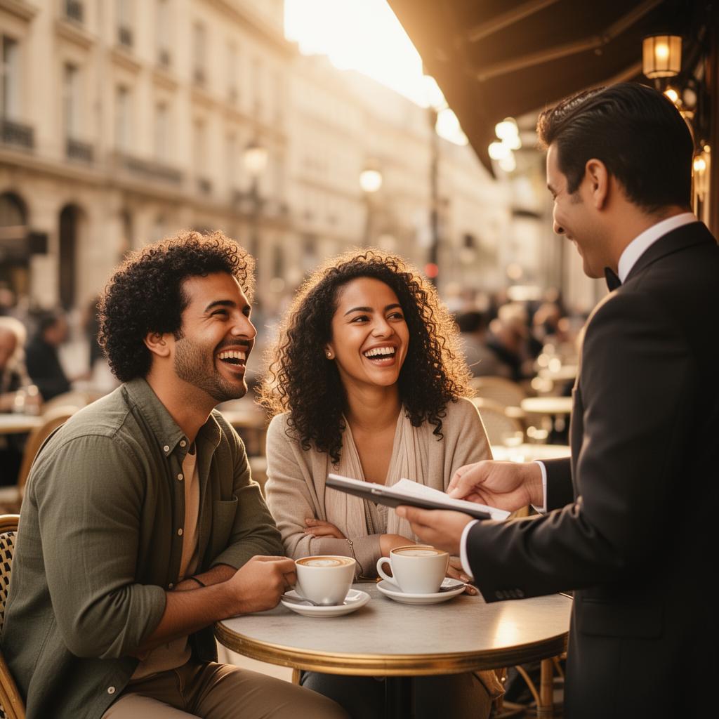 Casal sorrindo enquanto pede em um café no exterior