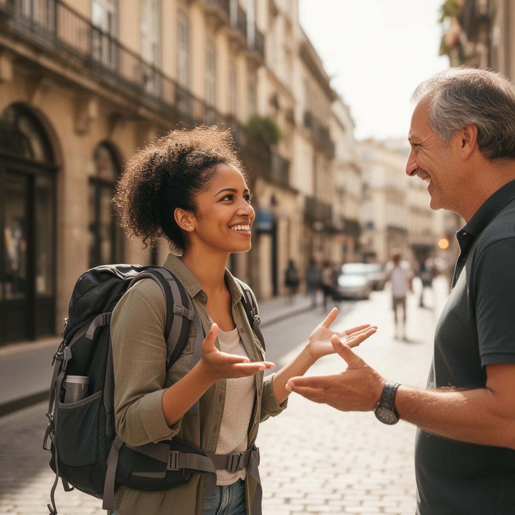 Viajante brasileira conversando com um morador local em rua europeia
